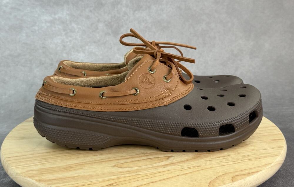 Crocs Islander Pitcrew Brown Leather Boat Shoes Men's Size 12 US Clogs Slip On